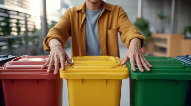 A person organizing colorful recycling bins, promoting eco-friendly practices in an urban environment. photo