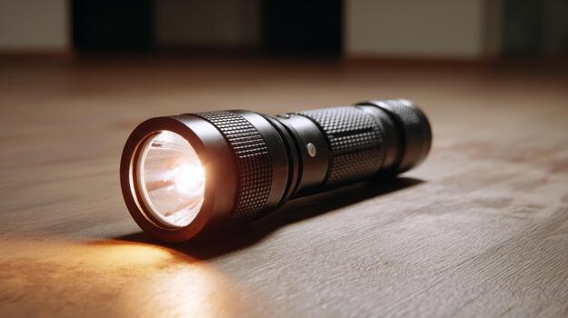 Close-up of a powerful black flashlight resting on a wooden floor, casting a warm glow in the dimly lit room. photo