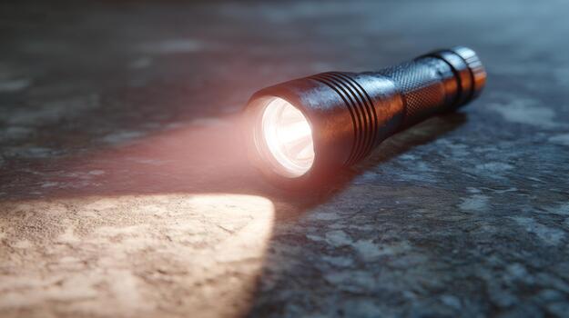 A sleek, black metal flashlight casting a warm beam of light on a textured surface. photo