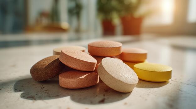 un vibrante surtido de vistoso tabletas apilado en un mármol superficie, capturar el esencia de salud y bienestar. foto