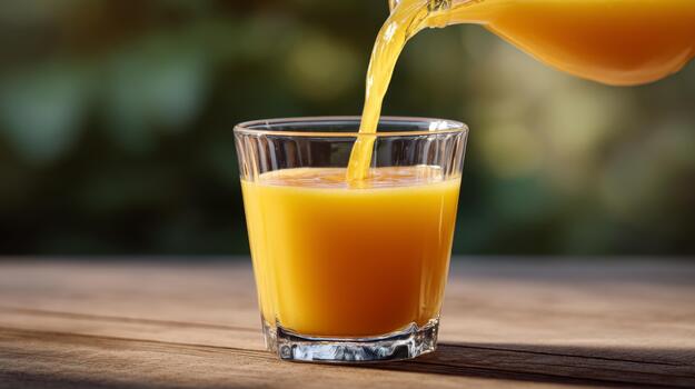 recién vertido naranja jugo desde un lanzador dentro un vaso, destacando el vibrante color y refrescante esencia de el beber. foto