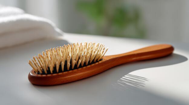 A close-up view of a wooden hairbrush with natural bristles, showcasing its craftsmanship and simplicity against a soft, bright background. photo