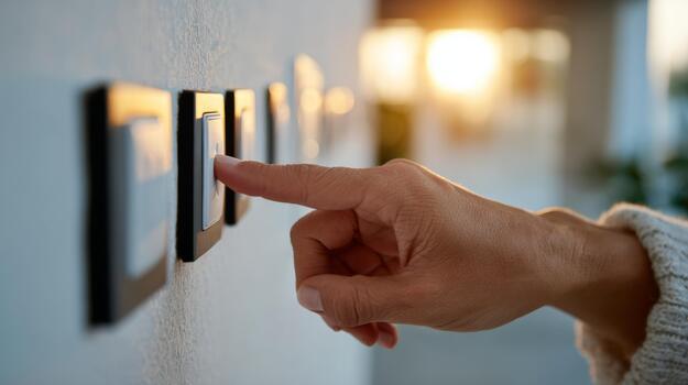 A close-up of a hand pressing a light switch, with sunlight streaming in from behind. The setting conveys a warm and inviting atmosphere. photo