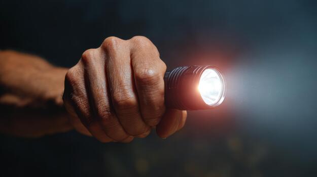 A close-up of a man's hand gripping a powerful flashlight, illuminating a darkened space. photo