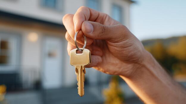 A close-up of a hand holding house keys, symbolizing new beginnings and home ownership. photo