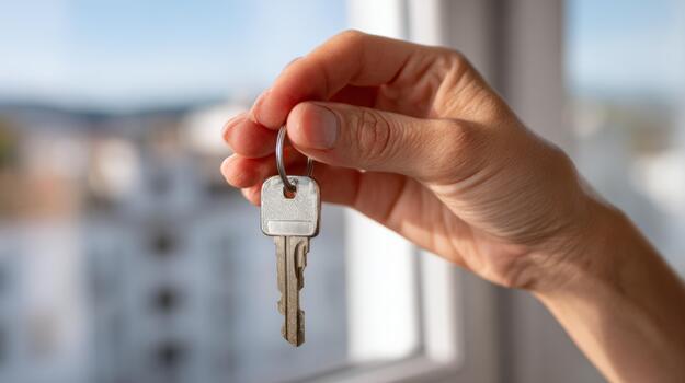 Close-up of a hand holding a house key against a blurred background, symbolizing new beginnings and home ownership. photo