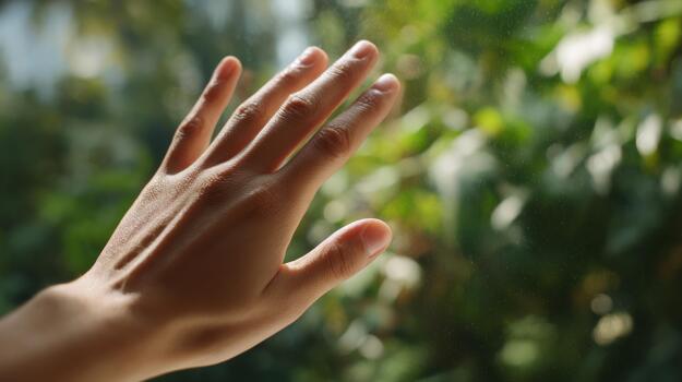 A close-up of a human hand reaching out against a background of greenery, evoking a sense of connection with nature. photo