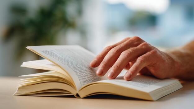 A close-up of a hand gently reading a book, showcasing texture and engagement with literature in a cozy environment. photo