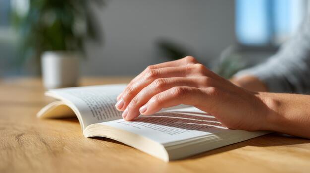 A close-up of a woman's hand gently resting on an open book, enjoying a moment of reading indoors. photo