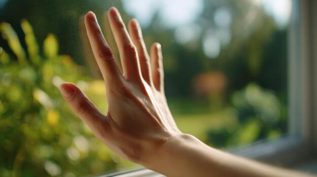 A delicate female hand reaching out to a sunlit garden through a window, capturing a moment of connection with nature. photo