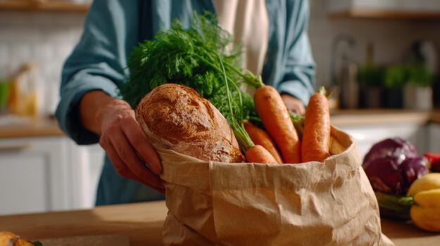 un persona sostiene un papel bolso lleno con Fresco vegetales y pan, exhibiendo un compromiso a sano comiendo. foto