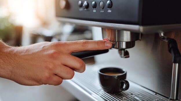A man's hand presses the button on a sleek espresso machine, ready to brew a fresh cup of coffee. photo