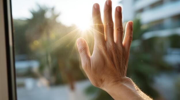 A close-up of a man's hand reaching towards the sunlight through a window, capturing a moment of hope and warmth. photo