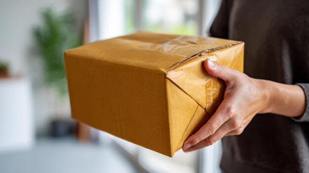 A person holding a sealed brown package in a cozy indoor setting, ready to send or receive a delivery. photo