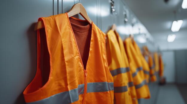 un fila de brillante naranja la seguridad chalecos colgando en un moderno armario habitación, reflejando un compromiso a lugar de trabajo seguridad. foto