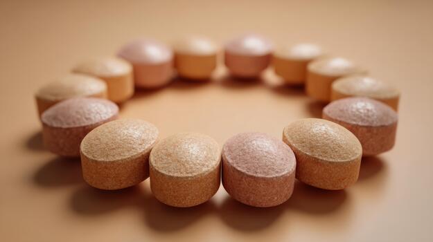 A circular arrangement of colorful dietary supplements on a soft orange background, conveying health and wellness. photo