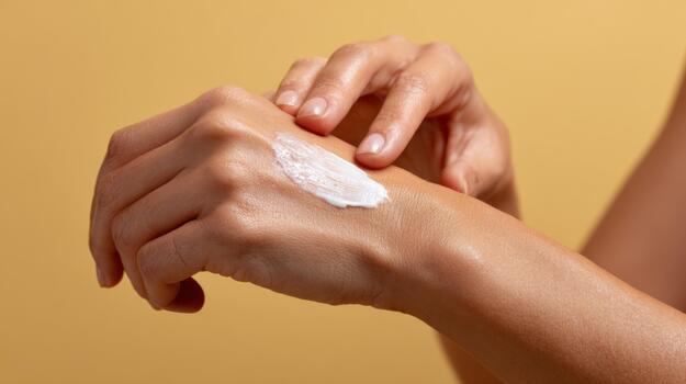 A close-up of a hand applying moisturizer on a smooth skin surface against a warm yellow background. photo