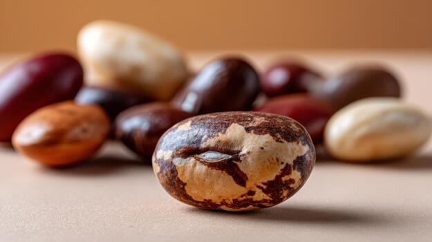 Close-up of various colorful beans on a soft beige background, showcasing their unique textures and patterns. photo