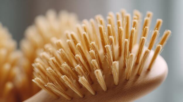 Close-up of a wooden hairbrush with soft bristles, showcasing its natural texture and design elements. photo