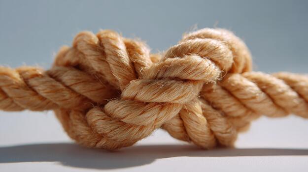 Close-up of a tightly knotted, natural fiber rope showcasing its texture and woven pattern. photo