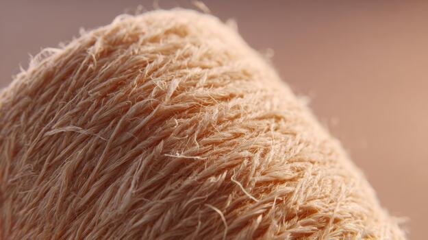 Close-up of textured peach-colored yarn, showcasing intricate fibers and weaving patterns that convey warmth and creativity. photo