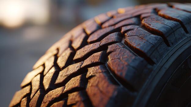 Close-up of a rugged tire tread showcasing intricate patterns and textures, illuminated by soft evening light. photo