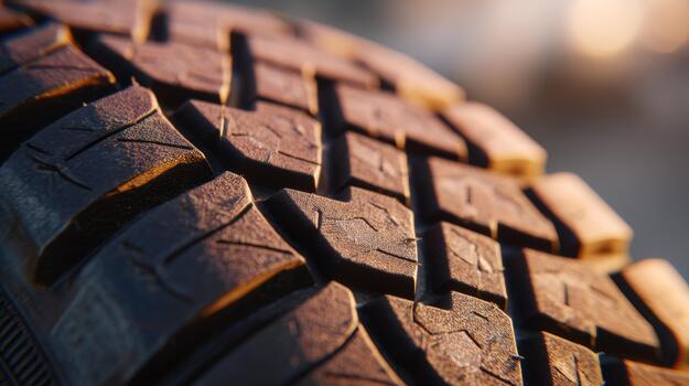 Close-up of a rugged tire tread showcasing intricate patterns and textures, illuminated by soft, warm lighting. photo
