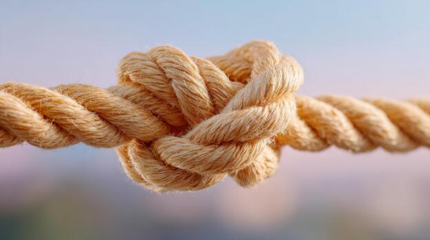 Close-up of a tightly secured knot on a tan rope against a soft blurred background. photo