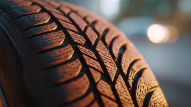 Close-up of a car tire tread showcasing intricate patterns, illuminated by soft golden light. photo