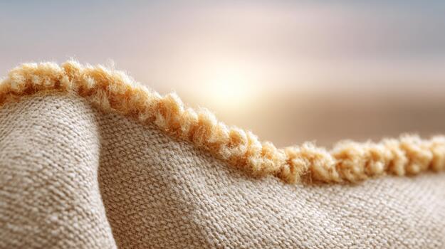 Close-up of a soft, beige blanket with a textured edge, capturing a serene morning light in the background. photo