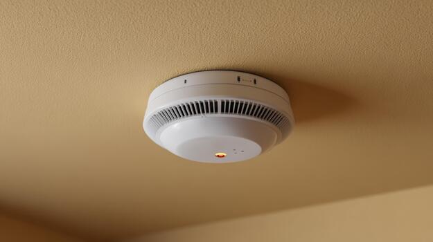 A modern smoke detector mounted on a ceiling, showcasing a sleek design and a glowing red indicator light. photo