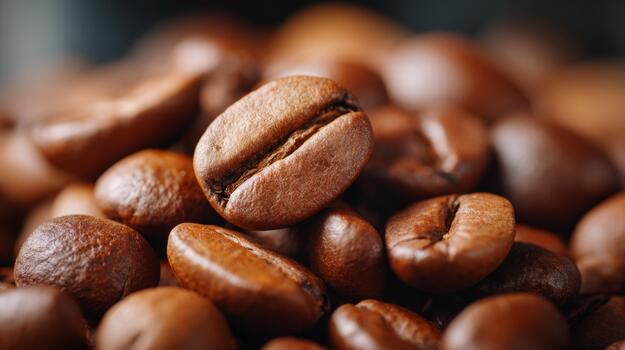 Close-up of rich brown coffee beans, showcasing their shiny surface and unique textures. photo
