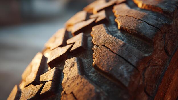 Close-up of a rugged tire tread illuminated by warm sunlight, showcasing texture and detail. photo