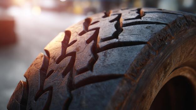 Close-up of a rugged tire showcasing intricate tread patterns and textures, emphasizing durability and strength. photo