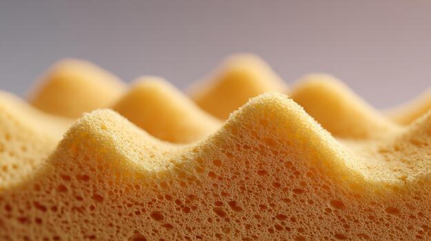 Close-up of a textured yellow sponge, showcasing its porous surface and wave-like contours. photo