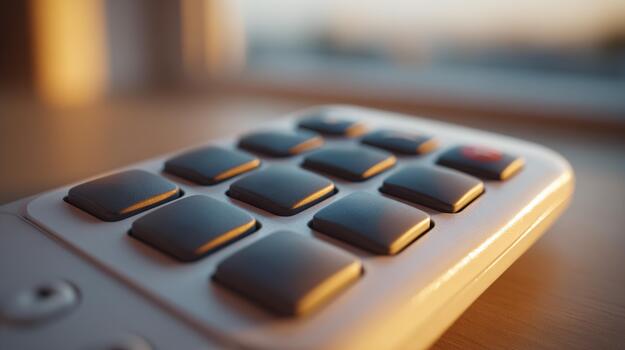 Close-up of a modern remote control with sleek buttons, bathed in warm sunlight, creating a cozy atmosphere. photo