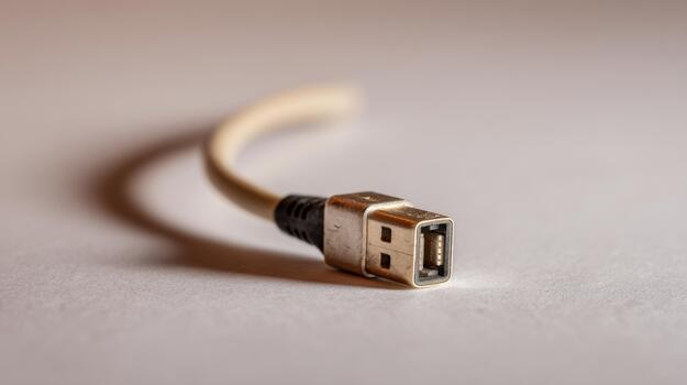 Close-up of a USB cable with a metallic connector, symbolizing connectivity and technology. photo