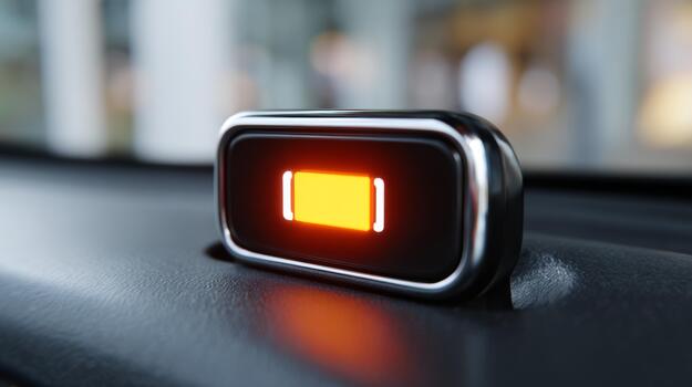 Close-up of a low battery indicator on a vehicle dashboard, highlighting its glowing orange light. photo