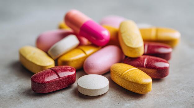 Assorted colorful capsules and tablets on a neutral background, symbolizing health and wellness. photo