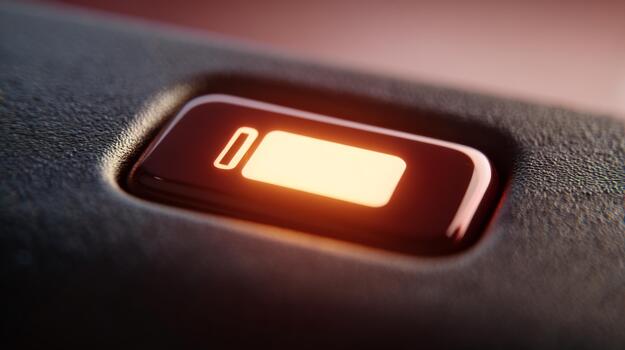 Close-up of a power button illuminated orange against a textured background, symbolizing device functionality. photo