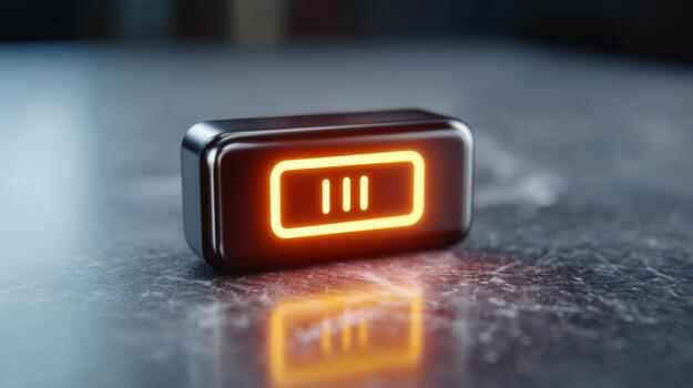A sleek, modern power bank with an illuminated battery status indicator on a polished surface. photo