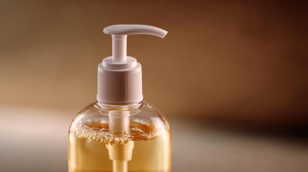 Close-up of a clear pump bottle filled with golden liquid, creating a soothing ambiance. photo