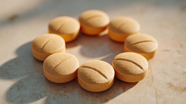 Close-up of orange tablets arranged in a circular pattern, showcasing their textured surface and soft lighting. photo