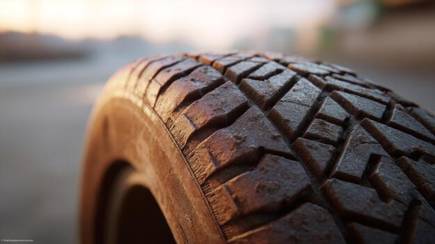 Close-up of a weathered tire showcasing intricate tread patterns and textures under warm sunlight. photo