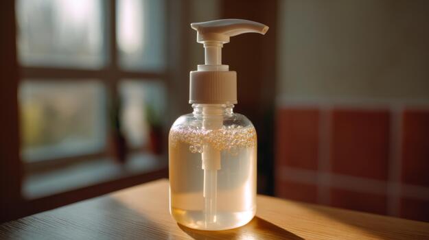 Close-up of a transparent pump bottle filled with liquid soap, showcasing bubbles, set in a warm-lit room. photo