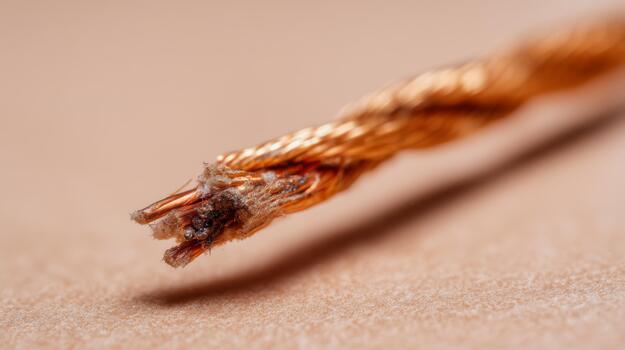 Close-up of frayed copper wire, showcasing intricate details and textures with a warm background. photo