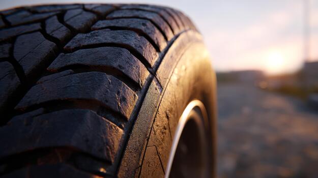 Close-up of a worn tire tread at sunset, highlighting intricate patterns and textures. photo