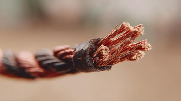 Close-up of a detailed copper wire with multiple strands visible, showcasing its intricate weave and texture. photo