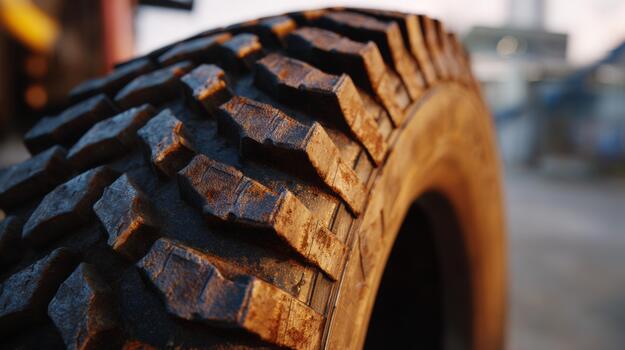 Close-up of a rugged, worn tire showcasing its intricate tread pattern and rust, conveying a sense of durability and strength. photo