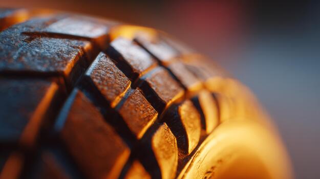 Close-up of a car tire tread highlighting intricate patterns and textures with a warm, glowing background. photo